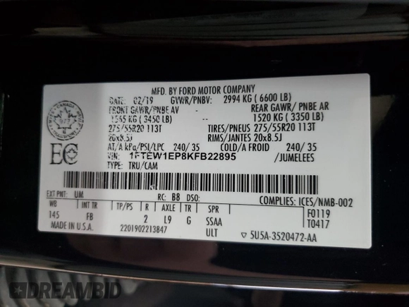 2019 Ford F-150 XL с VIN 1FTEW1EP8KFB22895, выставлен на аукционе Copart как лот 54228595 с пробегом 128 905 миль миль и Чистый • Clean title. История ставок и продаж доступна на DreamBid. Изображение 12.