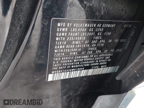 2016 Volkswagen Tiguan S with VIN WVGBV7AX3GW519044, listed as a IAAI auction lot 42058245 with 96,915 mi miles and . Bid and sale history available at DreamBid. Image 9.