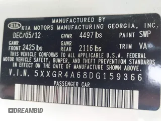2013 Kia Optima SX with VIN 5XXGR4A68DG159366, listed as a IAAI auction lot 42391939 with 225,728 mi miles and . Bid and sale history available at DreamBid. Image 9.