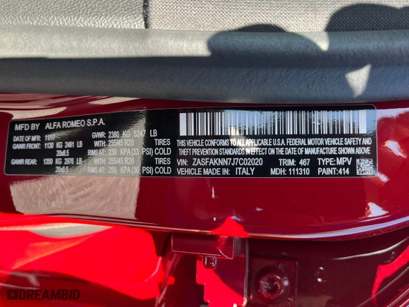 2018 Alfa Romeo Stelvio Ti Sport with VIN ZASFAKNN7J7C02020, listed as a Copart auction lot 49010775 with 62,048 mi miles and Clean Title. Bid and sale history available at carsss.com. Image 10.