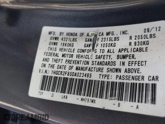 2013 Honda Accord EX-L with VIN 1HGCR2F85DA023495, listed as a IAAI auction lot 41831515 with 67,619 mi miles and . Bid and sale history available at DreamBid. Image 9.