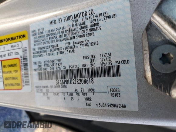 2018 Ford Fusion Hybrid SE with VIN 3FA6P0LU2JR208618, listed as a Copart auction lot 68484932 with 55,831 mi miles. Bid and sale history available at carsss.com. Image 14.