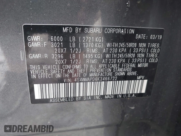 2019 Subaru Ascent Limited with VIN 4S4WMAPD6K3466722, listed as a IAAI auction lot 42623222 with Not provided miles and . Bid and sale history available at DreamBid. Image 9.