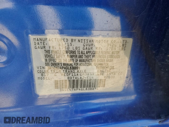 2016 Nissan Versa SV z VIN 3N1CN7AP4GL838891, wystawiony jako Copart lot #49831375 z przebiegiem 60 945 mil mil oraz Szkoda całkowita • Salvage title. Historia ofert i sprzedaży dostępna na DreamBid. Obrazek 12.