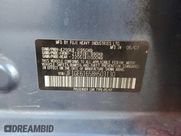 2008 Subaru Impreza Sedan (Natl) i w/Premium Pkg with VIN JF1GE61658H503130, listed as a Copart auction lot 53175745 with 0 mi miles and Salvage Title. Bid and sale history available at carsss.com. Image 13.