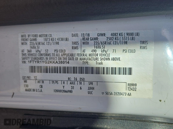 2019 Ford Transit with VIN 1FTYR1YG2KKA38014, listed as a IAAI auction lot 42715733 with 108,396 mi miles and . Bid and sale history available at DreamBid. Image 35.