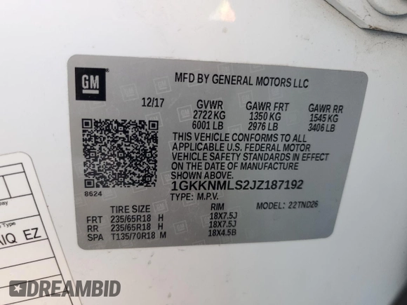 2018 GMC Acadia SLT with VIN 1GKKNMLS2JZ187192, listed as a Copart auction lot 57682745 with 120,962 mi miles and Salvage title. Bid and sale history available at DreamBid. Image 13.