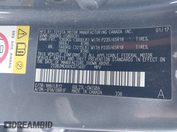 2017 Lexus RX with VIN 2T2BZMCAXHC075697, listed as a IAAI auction lot 41599002 with 37,668 mi miles. Bid and sale history available at carsss.com. Image 9.