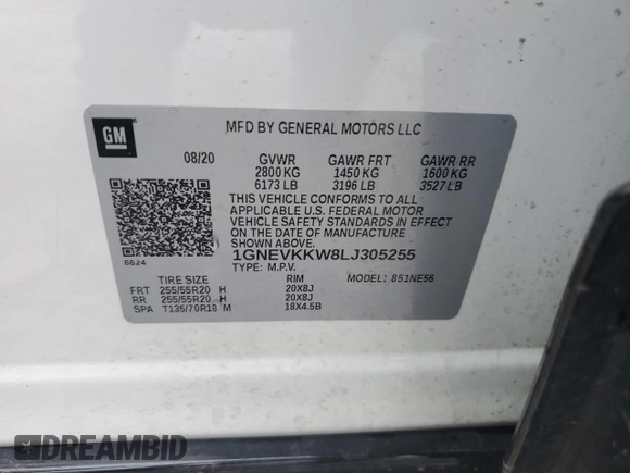2020 Chevrolet Traverse Premier with VIN 1GNEVKKW8LJ305255, listed as a Copart auction lot 58295525 with 57,048 mi miles and Salvage title. Bid and sale history available at DreamBid. Image 13.
