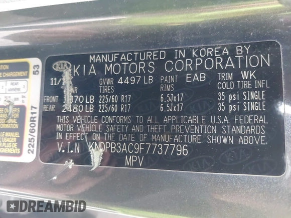 2015 Kia Sportage LX with VIN KNDPB3AC9F7737796, listed as a IAAI auction lot 41901318 with 109,625 mi miles and . Bid and sale history available at carsss.com. Image 9.