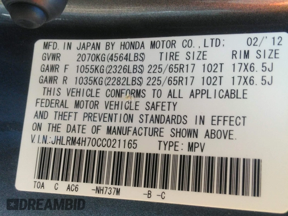 2012 Honda CR-V EX-L with VIN JHLRM4H70CC021165, listed as a IAAI auction lot 42023012 with 147,603 mi miles and . Bid and sale history available at DreamBid. Image 9.