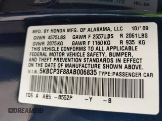 2010 Honda Accord Sdn EX-L with VIN 5KBCP3F88AB006835, listed as a IAAI auction lot 41918058 with 179,357 mi miles. Bid and sale history available at carsss.com. Image 9.