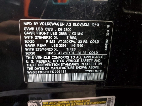 2015 Volkswagen Touareg Sport with VIN WVGEF9BP3FD003121, listed as a Copart auction lot 50572505 with 87,082 mi miles and Salvage title. Bid and sale history available at DreamBid. Image 13.