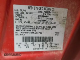 2004 Ford F-150 XLT with VIN 1FTPW14504KD65703, listed as a Copart auction lot 58792215 with 303,083 mi miles and Salvage title. Bid and sale history available at DreamBid. Image 12.