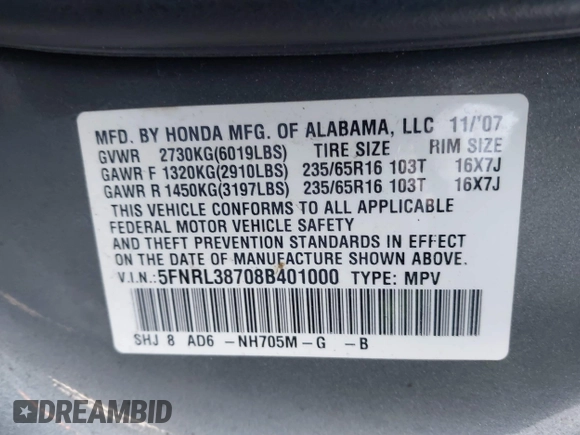 2008 Honda Odyssey EX-L with VIN 5FNRL38708B401000, listed as a IAAI auction lot 41149690 with 111,398 mi miles. Bid and sale history available at carsss.com. Image 9.