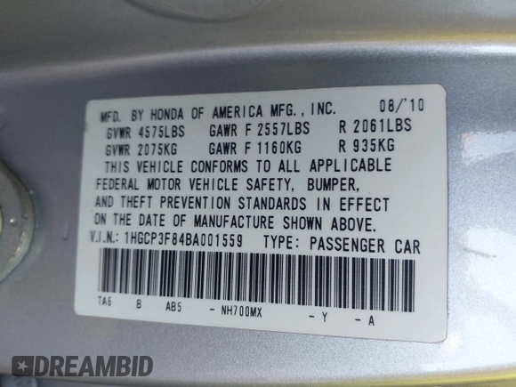 2011 Honda Accord EX-L with VIN 1HGCP3F84BA001559, listed as a IAAI auction lot 42369341 with 144,030 mi miles and . Bid and sale history available at DreamBid. Image 9.