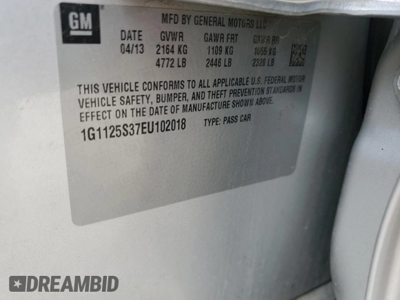 2014 Chevrolet Impala LT with VIN 1G1125S37EU102018, listed as a Copart auction lot 52813305 with 210,961 mi miles and Non Repairable. Bid and sale history available at DreamBid. Image 13.