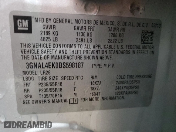 2013 Chevrolet Captiva Sport LTZ with VIN 3GNAL4EK0DS598187, listed as a Copart auction lot 78989134 with 107,198 mi miles and Salvage Title. Bid and sale history available at DreamBid. Image 13.