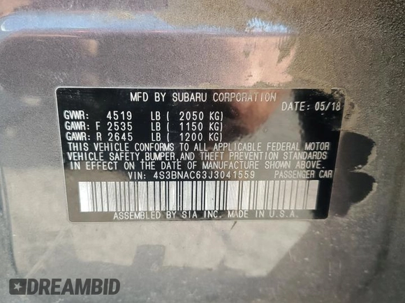 2018 Subaru Legacy Premium with VIN 4S3BNAC63J3041559, listed as a Copart auction lot 64288505 with 88,337 mi miles and Salvage title. Bid and sale history available at DreamBid. Image 12.