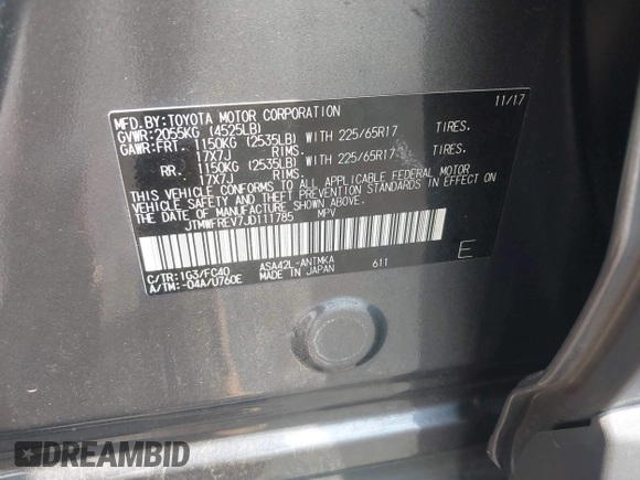 2018 Toyota RAV4 XLE with VIN JTMWFREV7JD111785, listed as a IAAI auction lot 42583535 with 110,724 mi miles and . Bid and sale history available at DreamBid. Image 9.