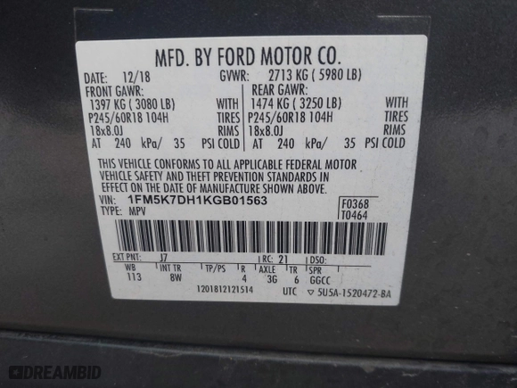 2019 Ford Explorer XLT with VIN 1FM5K7DH1KGB01563, listed as a IAAI auction lot 41548017 with 95,379 mi miles. Bid and sale history available at carsss.com. Image 9.