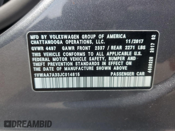 2018 Volkswagen Passat S with VIN 1VWAA7A33JC014815, listed as a Copart auction lot 54351615 with 78,268 mi miles and Non repairable. Bid and sale history available at DreamBid. Image 12.