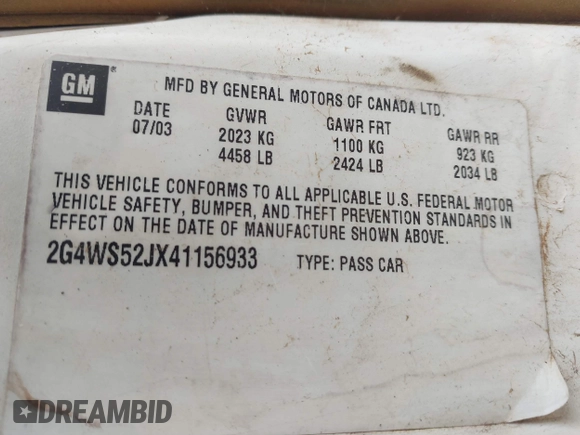2004 Buick Century Custom with VIN 2G4WS52JX41156933, listed as a IAAI auction lot 41800255 with Not Provided miles and . Bid and sale history available at DreamBid. Image 9.