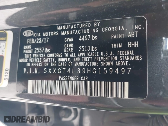 2017 Kia Optima LX with VIN 5XXGT4L39HG159497, listed as a IAAI auction lot 41940267 with 115,088 mi miles. Bid and sale history available at carsss.com. Image 9.