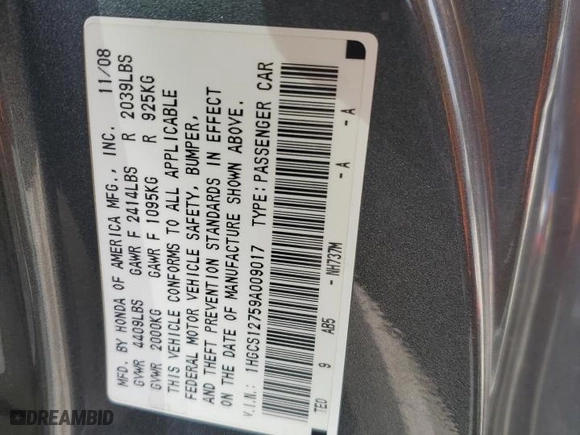 2009 Honda Accord Cpe EX with VIN 1HGCS12759A009017, listed as a Copart auction lot 49524265 with NaN miles and Salvage Title. Bid and sale history available at carsss.com. Image 12.