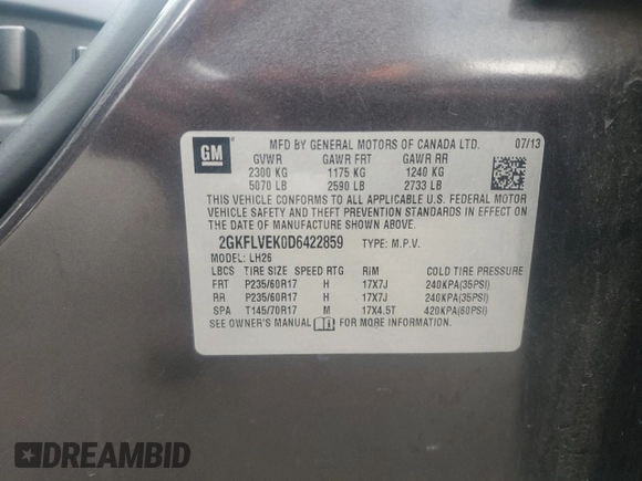 2013 GMC Terrain SLT with VIN 2GKFLVEK0D6422859, listed as a Copart auction lot 55633485 with 111,361 mi miles and Salvage title. Bid and sale history available at DreamBid. Image 14.