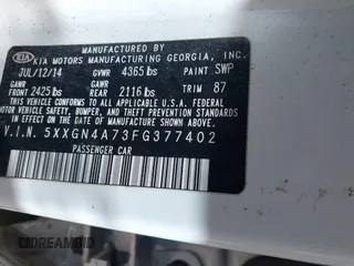 2015 Kia Optima EX with VIN 5XXGN4A73FG377402, listed as a IAAI auction lot 41209243 with 217,948 mi miles. Bid and sale history available at carsss.com. Image 9.