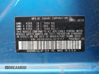 2020 Subaru Impreza with VIN 4S3GKAB64L3610177, listed as a Copart auction lot 54890585 with 14,256 mi miles and Salvage title. Bid and sale history available at DreamBid. Image 12.