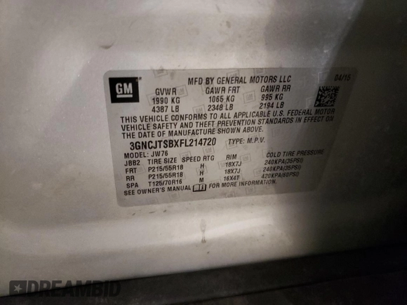 2015 Chevrolet Trax LTZ with VIN 3GNCJTSBXFL214720, listed as a Copart auction lot 48519435 with 95,291 mi miles and Salvage Title. Bid and sale history available at carsss.com. Image 14.