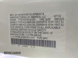 2023 Honda Odyssey Touring with VIN 5FNRL6H88PB003865, listed as a IAAI auction lot 41715384 with 40,765 mi miles and . Bid and sale history available at DreamBid. Image 9.