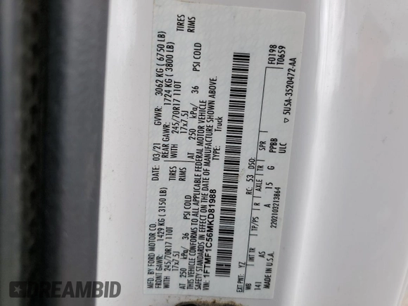 2021 Ford F-150 XL with VIN 1FTMF1C56MKD81988, listed as a Copart auction lot 51101275 with 94,531 mi miles and Salvage title. Bid and sale history available at DreamBid. Image 14.