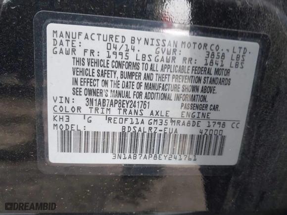 2014 Nissan Sentra SV with VIN 3N1AB7AP8EY241761, listed as a IAAI auction lot 41891384 with 115,464 mi miles. Bid and sale history available at carsss.com. Image 9.