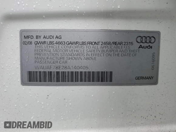 2008 Audi A4 2.0T with VIN WAUAF78E28A140405, listed as a Copart auction lot 51190195 with 169,585 mi miles and Clean title. Bid and sale history available at DreamBid. Image 13.