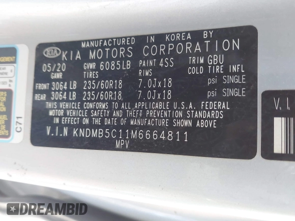 2021 Kia Sedona EX with VIN KNDMB5C11M6664811, listed as a IAAI auction lot 41390328 with 128,568 mi miles. Bid and sale history available at carsss.com. Image 9.