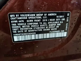 2012 Volkswagen Passat S w/Appearance with VIN 1VWAP7A32CC024320, listed as a Copart auction lot 89271195 with 132,771 mi miles and Salvage Title. Bid and sale history available at carsss.com. Image 13.