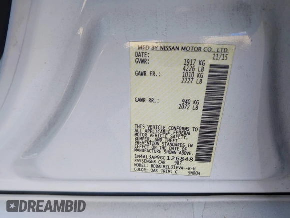 2016 Nissan Altima 2.5 S with VIN 1N4AL3AP9GC126848, listed as a IAAI auction lot 40687085 with 93,044 mi miles. Bid and sale history available at carsss.com. Image 9.