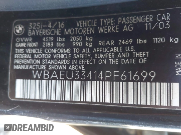 2004 BMW 3 Series 325xi with VIN WBAEU33414PF61699, listed as a IAAI auction lot 42188486 with 178,235 mi miles and . Bid and sale history available at carsss.com. Image 9.