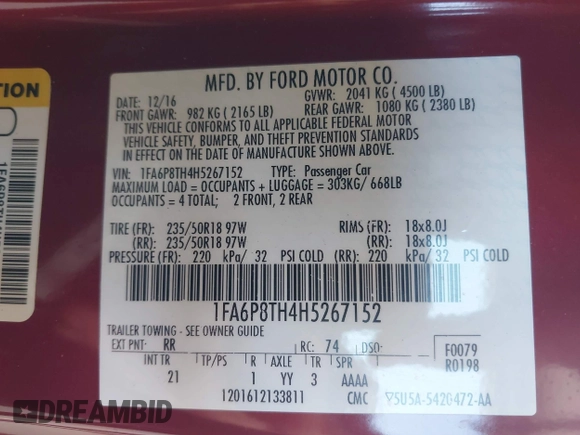 2017 Ford Mustang EcoBoost с VIN 1FA6P8TH4H5267152, выставлен на аукционе IAAI как лот 42516918 с пробегом 75 390 миль миль и . История ставок и продаж доступна на DreamBid. Изображение 9.