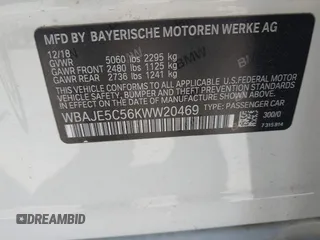 2019 BMW 5 Series 540i z VIN WBAJE5C56KWW20469, wystawiony jako IAAI lot #41947055 z przebiegiem 68 990 mil mil oraz . Historia ofert i sprzedaży dostępna na DreamBid. Obrazek 9.