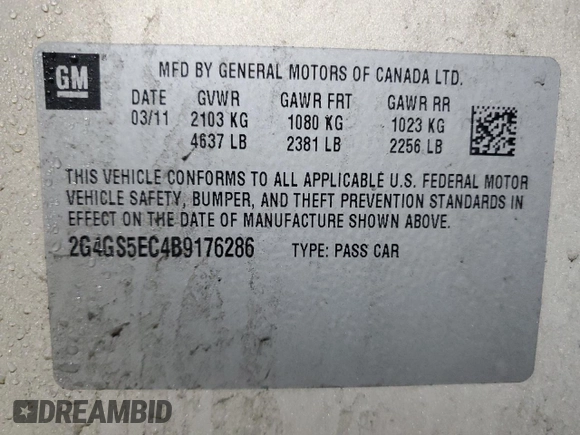 2011 Buick Regal CXL RL4 with VIN 2G4GS5EC4B9176286, listed as a Copart auction lot 50908375 with 131,435 mi miles and Salvage title. Bid and sale history available at DreamBid. Image 12.