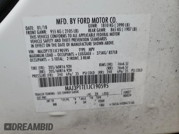2018 Ford EcoSport SE с VIN MAJ3P1TE1JC190595, выставлен на аукционе Copart как лот 51249705 с пробегом 42 808 миль миль и Списание • Salvage title. История ставок и продаж доступна на DreamBid. Изображение 13.