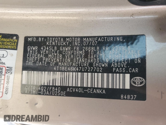 2007 Toyota Camry CE with VIN 4T1BE46K47U727702, listed as a Copart auction lot 48314805 with 163,826 mi miles and Salvage Title. Bid and sale history available at carsss.com. Image 14.