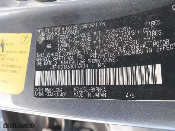 2003 Toyota Highlander with VIN JTEHF21A630152014, listed as a IAAI auction lot 41350269 with 167,444 mi miles. Bid and sale history available at carsss.com. Image 9.