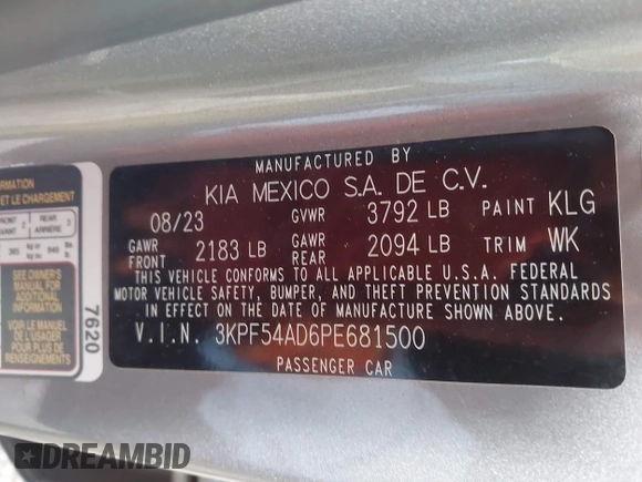 2023 Kia Forte GT-Line with VIN 3KPF54AD6PE681500, listed as a IAAI auction lot 41772612 with 23,041 mi miles. Bid and sale history available at carsss.com. Image 9.