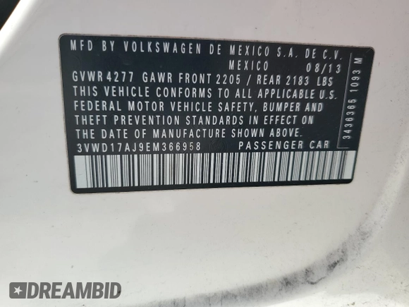 2014 Volkswagen Jetta SE with VIN 3VWD17AJ9EM366958, listed as a Copart auction lot 62948535 with 120,078 mi miles and Clean title. Bid and sale history available at DreamBid. Image 12.