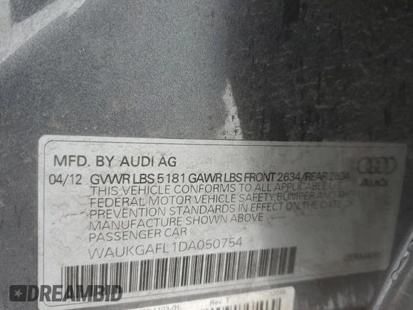 2013 Audi S4 Prestige with VIN WAUKGAFL1DA050754, listed as a Copart auction lot 45048155 with 82,012 mi miles and Salvage Title. Bid and sale history available at DreamBid. Image 14.